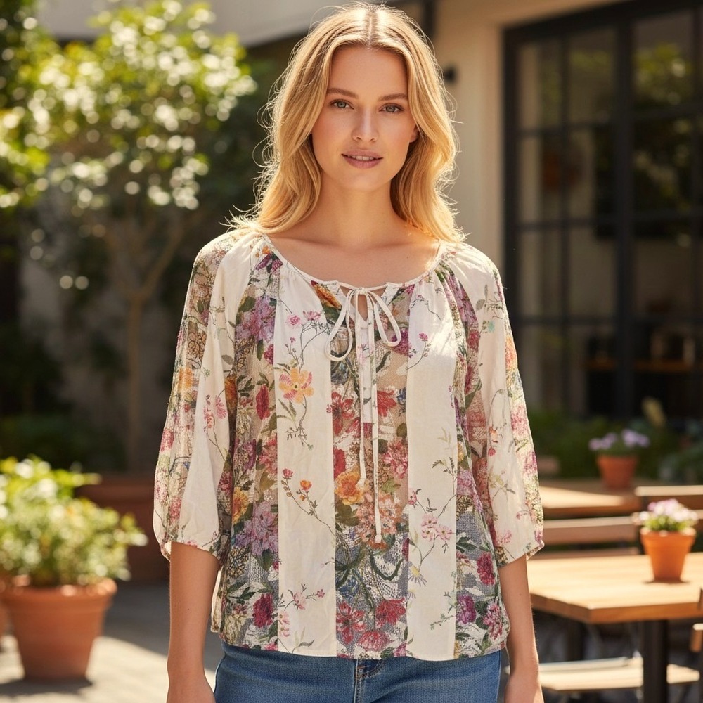 Embroidered Floral Lace Gauzy Mesh Flowy Tie Top Boho Peasant Top Fairy Large
